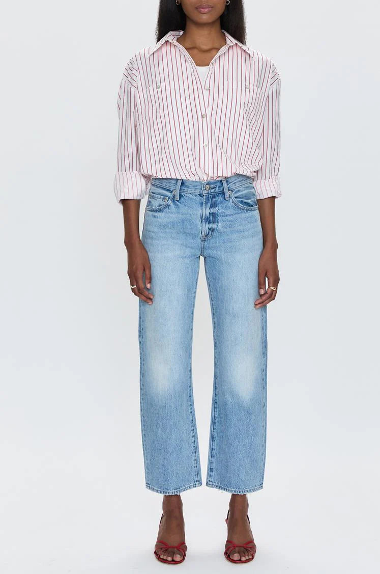 Shop the PISTOLA Lexi Mid Rise Bowed Straight in the medium wash Athens at Harbour Thread women's boutique