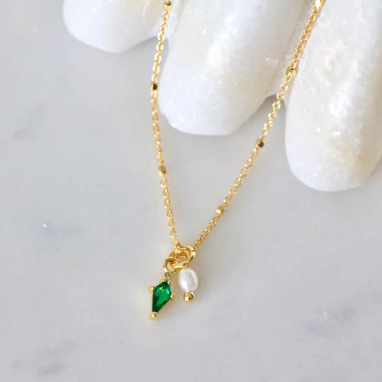 Mesa Blue's Mini Pearl & Emerald Drop Necklace.