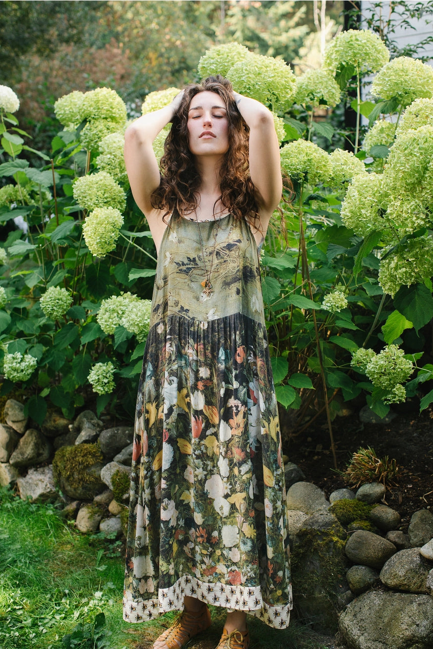 Front view of a woman wearing the I Dream in Flowers Bohéme Slip Dress with Bees by Market of Stars