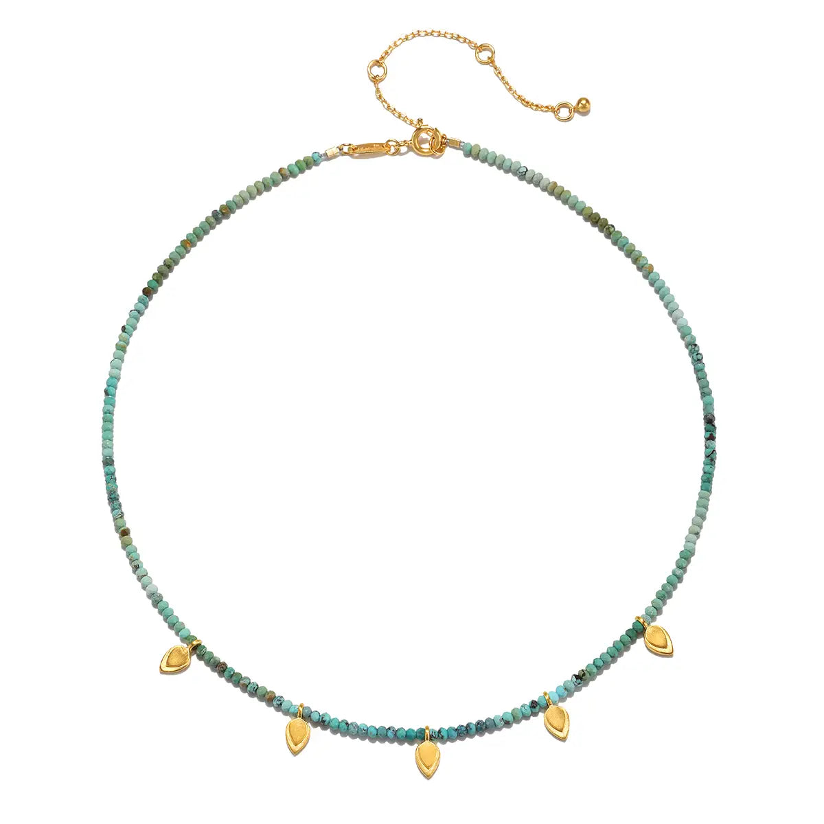 A choker necklace of turquoise beads  accented with fluttering golden lotus petals