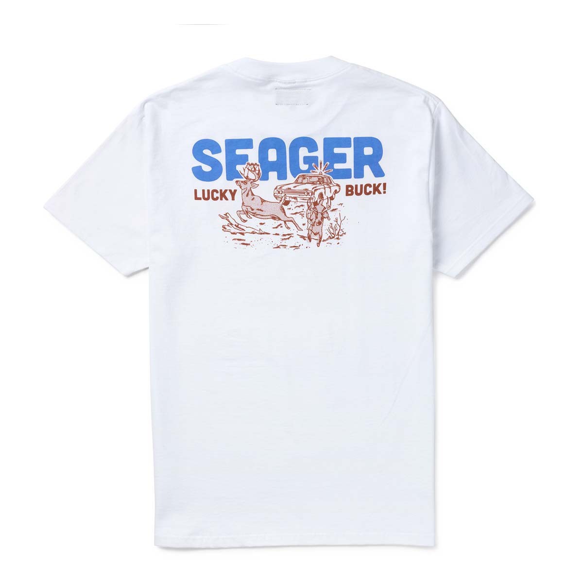 men's white short sleeve tee from Seager with a graphic print on the back