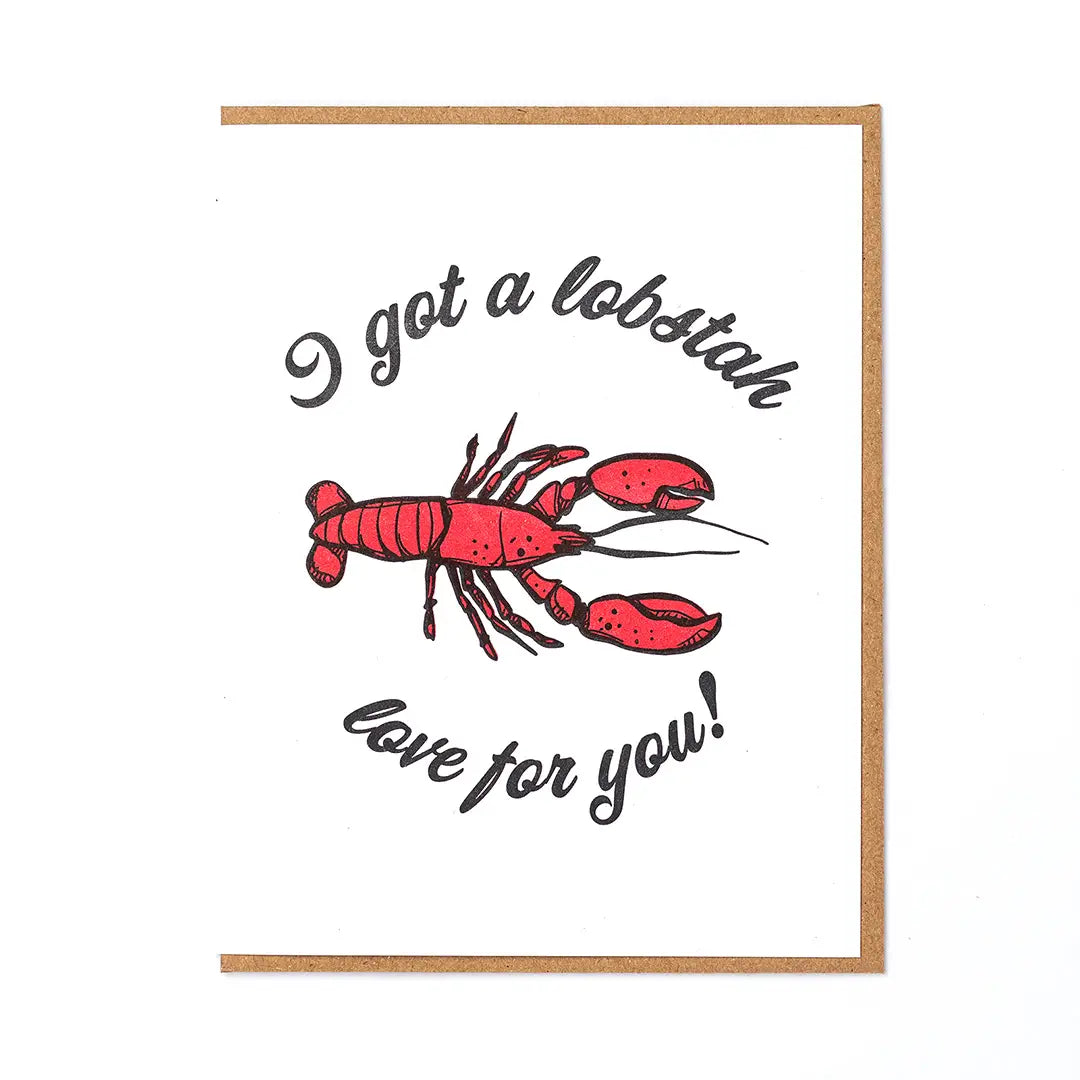 Card with a red lobster illustration and text on a white background