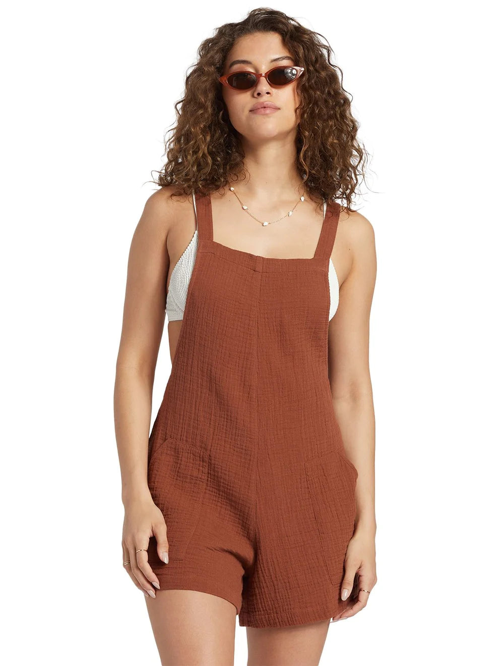 Front view of the Billabong Beach Crush Romper in the color Brown
