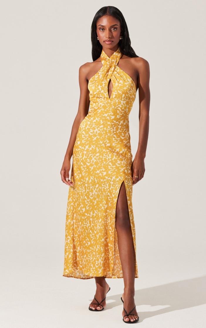 The ASTR Marissa Halter Neck Midi Dress in Marigold Floral