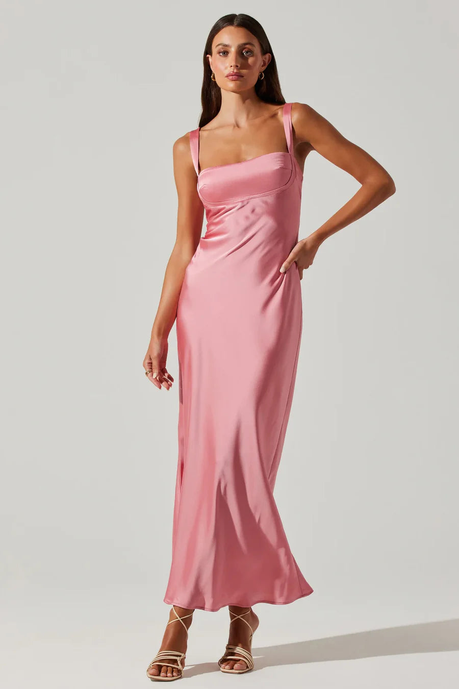 Satin maxi fashion dress pink