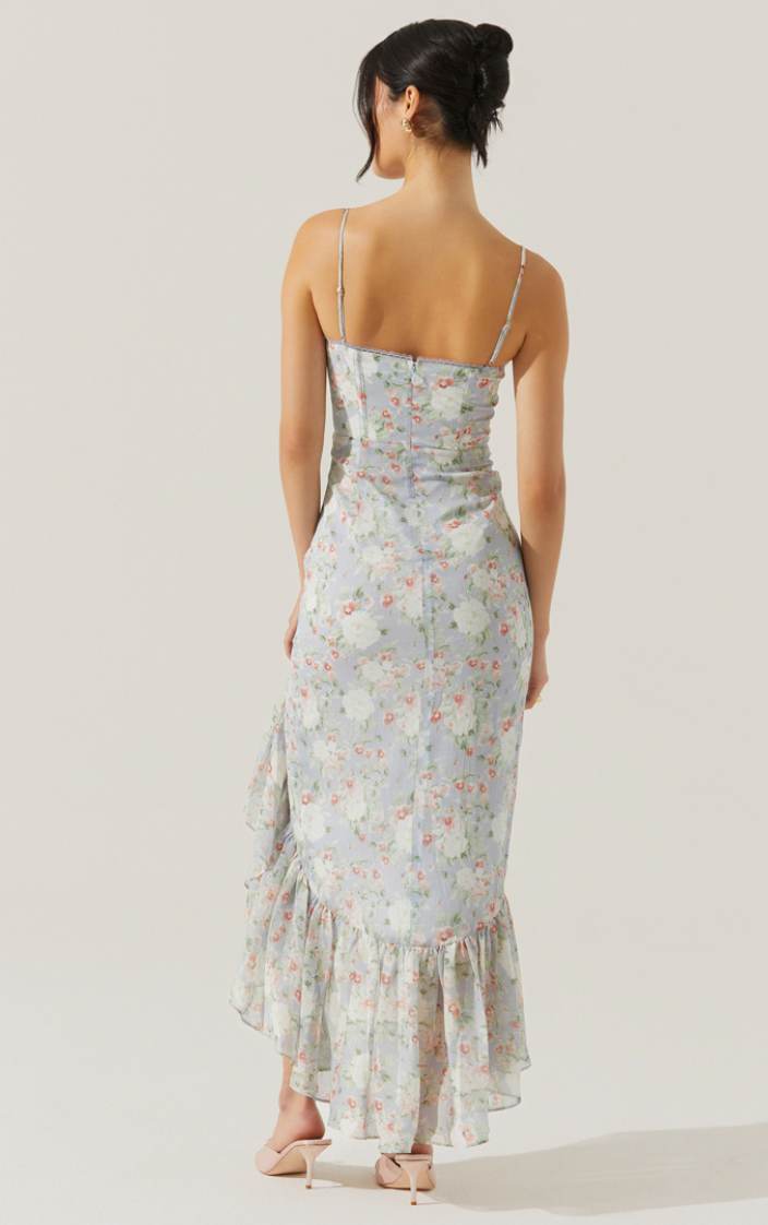 Light blue floral midi dress with ruffle hem and adjustable straps