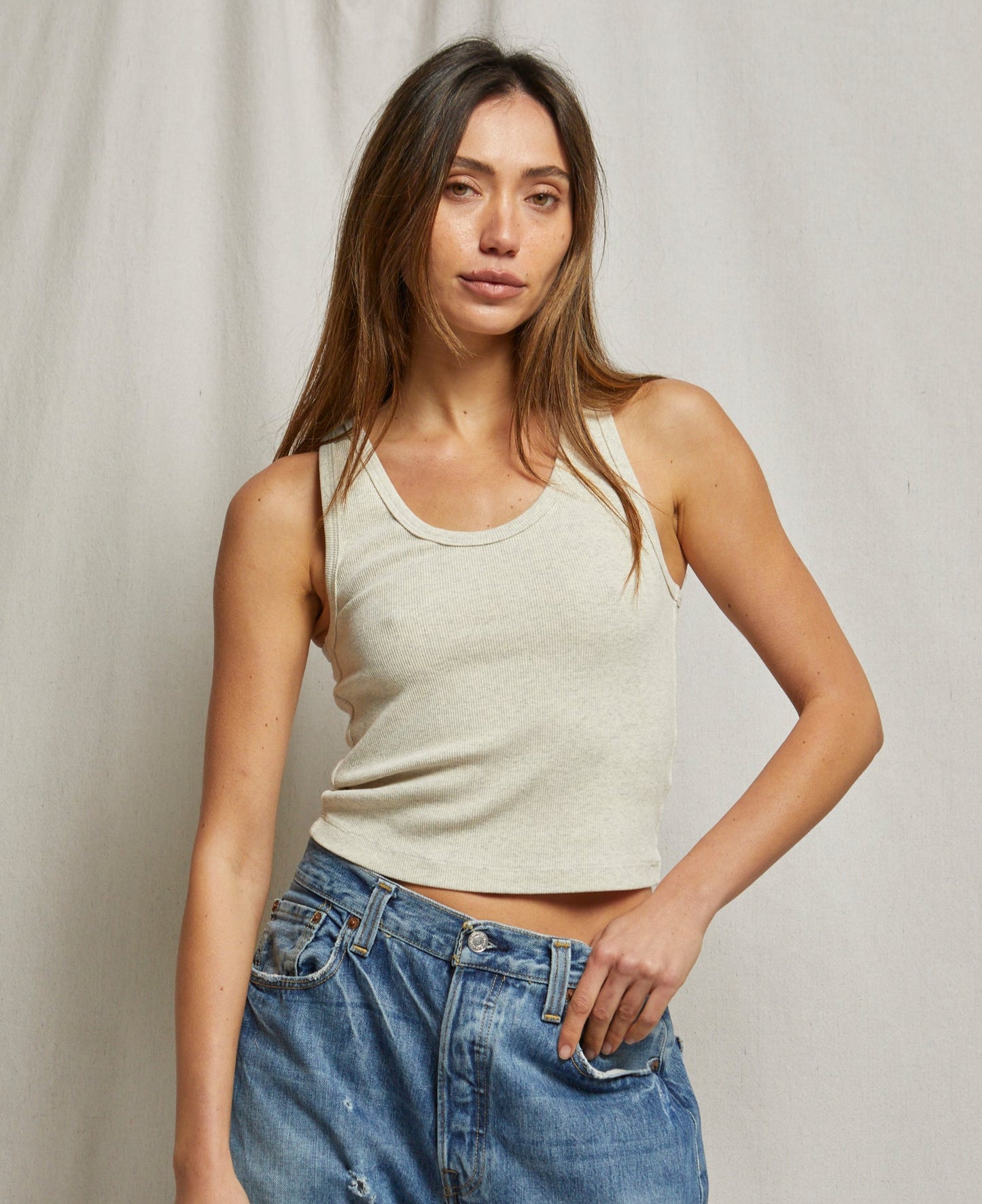 The Blondie structured rib bra friendly tank by Perfect White Tee in the neutral color Oatmeal