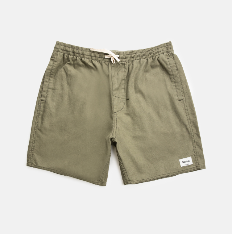 Shop the Olive Green Classic Linen Jam men's shorts by Rhythm at Harbour Thread
