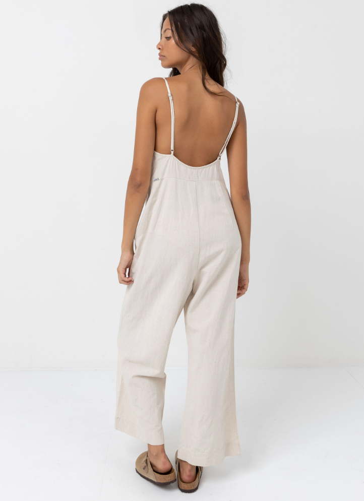 Women's beige jumpsuit with adjustable spaghetti straps