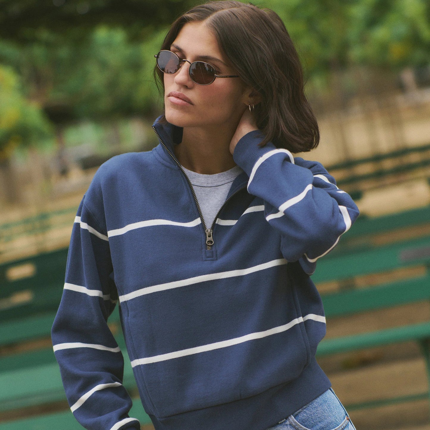 The Marine Layer Cloud 9 Fleece Half Zip is available at Harbour Thread boutique in the color Navy/White Stripe