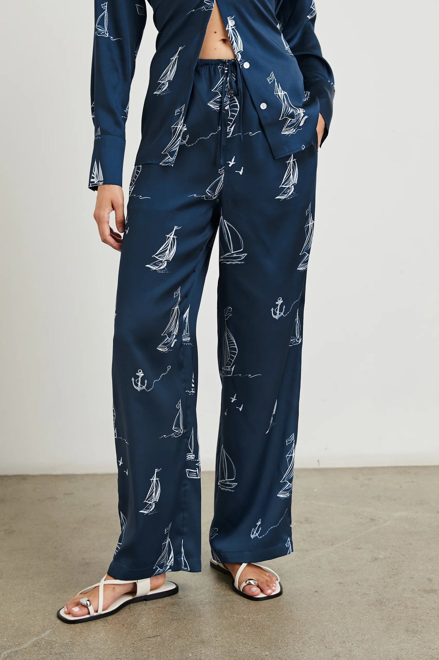Blue lounge pants with sailboats