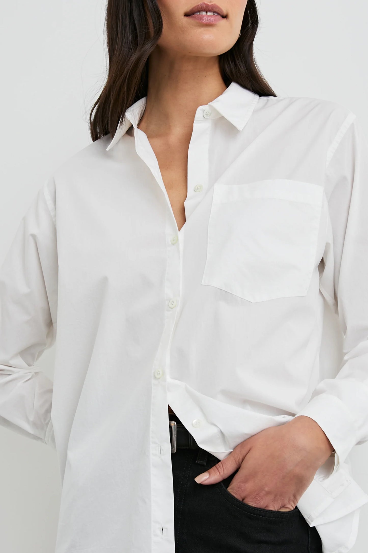 Front design details on the White Elsa Button Down Shirt by Rails
