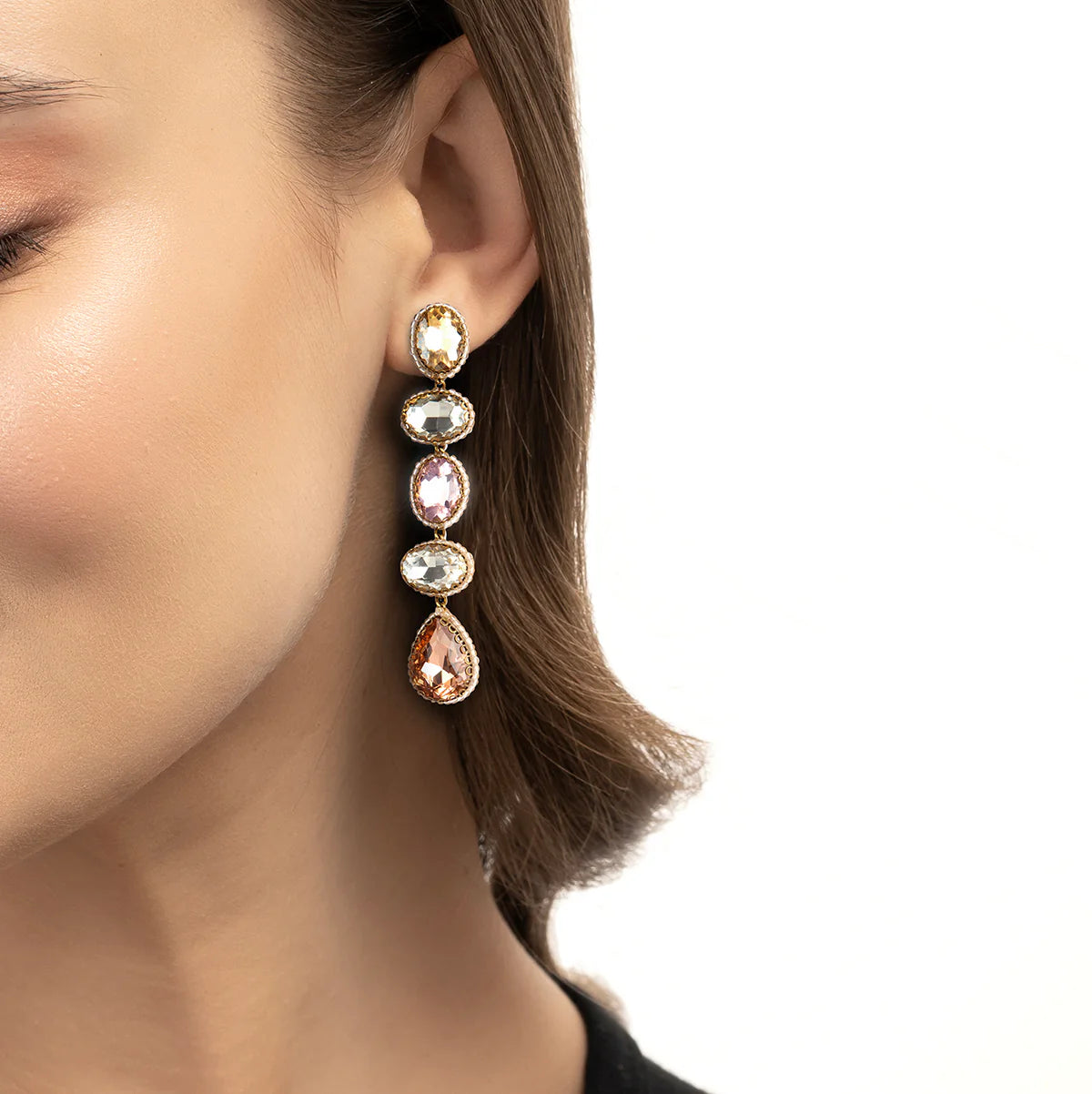 A woman wearing the Pastel Multi Tyra Post Earrings by Deepa Gurnani