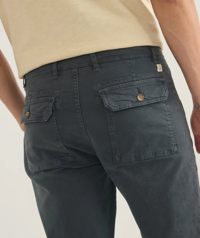 Men's blue pants with back button flap pockets