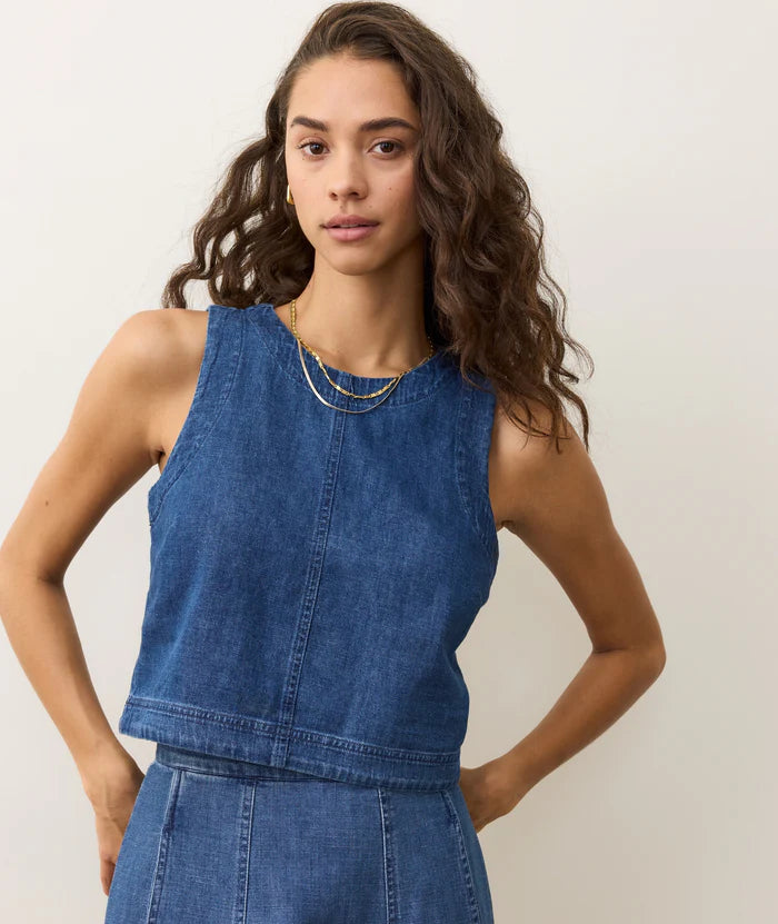Woman wearing the Marine Layer Quinn Denim Tank