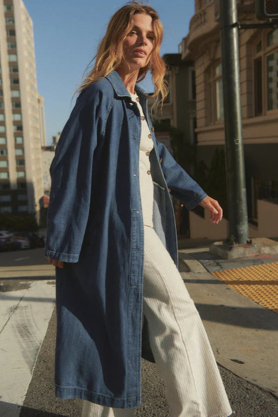 This fashion forward denim trench coat from Marine Layer is soft and lightweight with a broken in feel. Find yours at Harbour Thread in Burlington, VT!