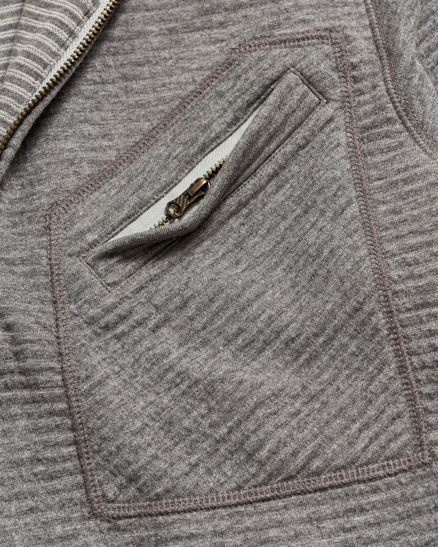 Close up of front zip pocket on a men's grey pullover