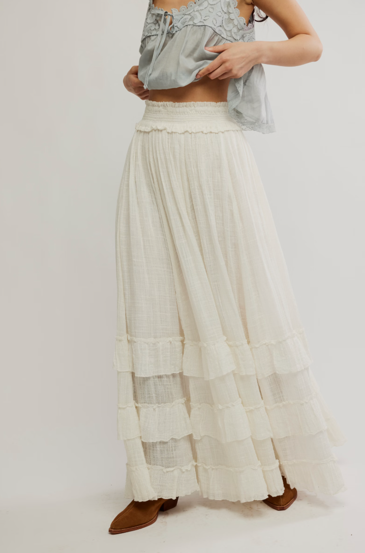 You'll find endless ways to style this flowy, ruffle trimmed maxi skirt from Free People. Find yours at Harbour Thread boutique in Burlington, VT!