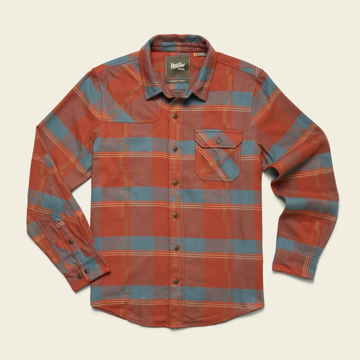 The Howler Bros Harker's Flannel in the style Backdrop Plaid Terracotta