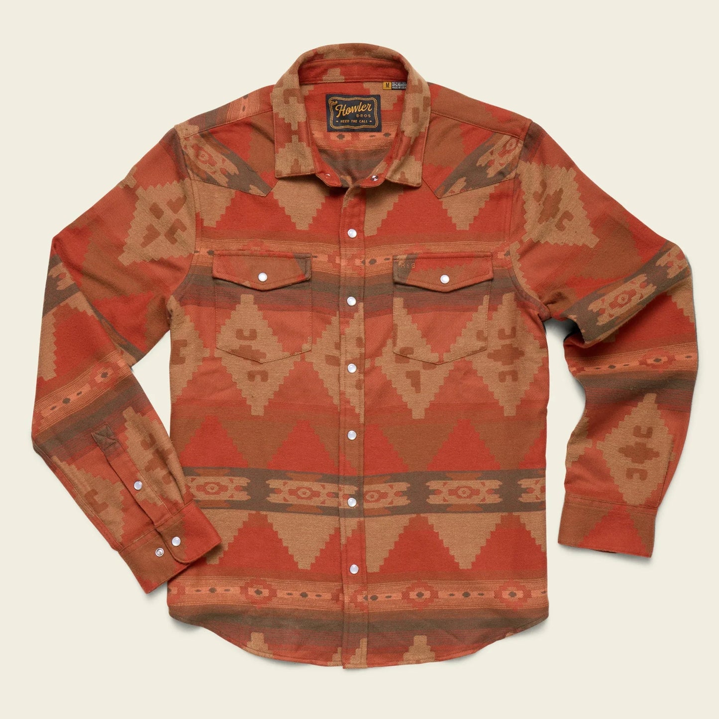 The Howler Bros Sheridan Flannel in the style Mitla Motifs Terracotta