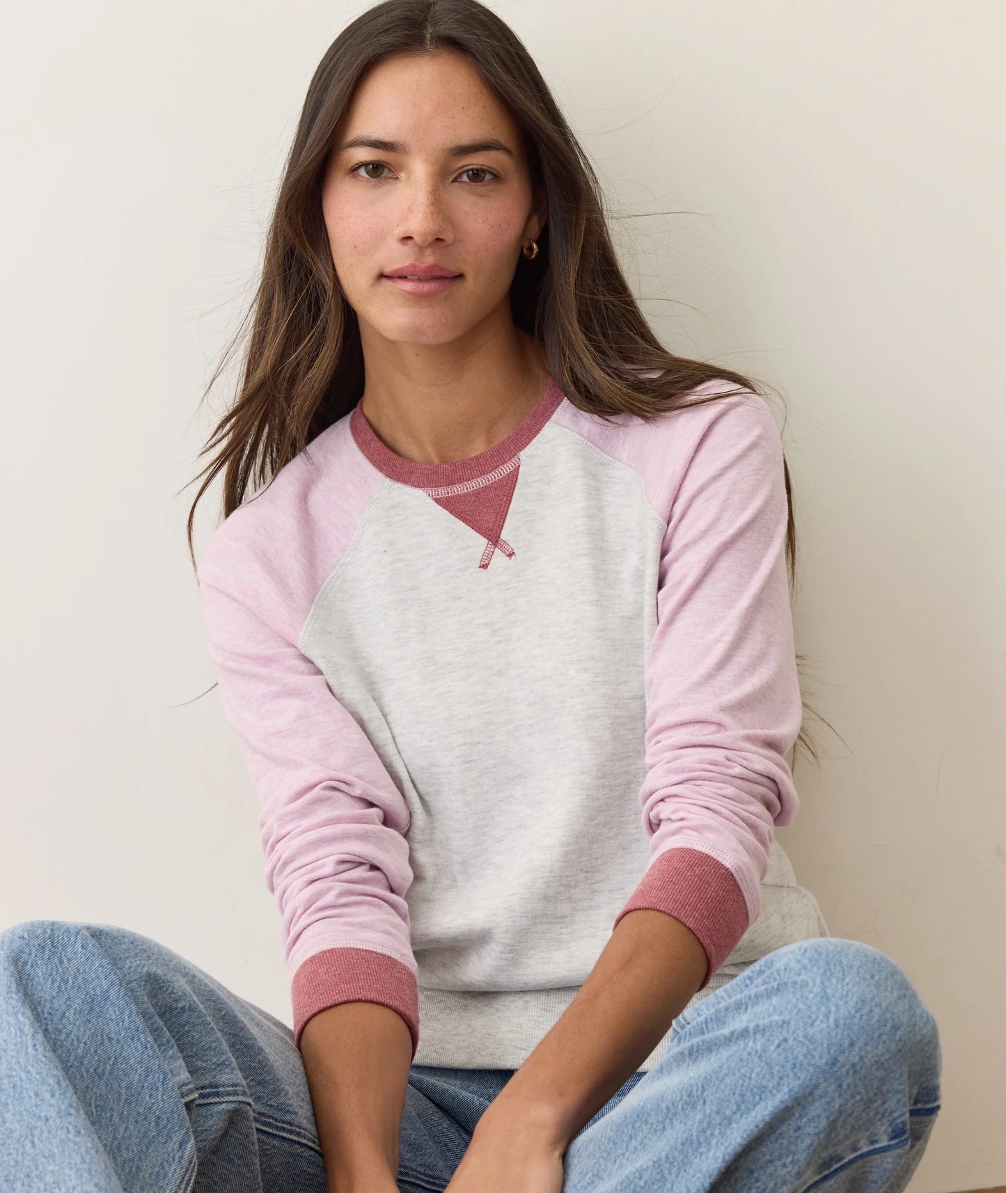 The Marine Layer Varsity Raglan is available at Harbour Thread boutique in the color Lilas Colorblock