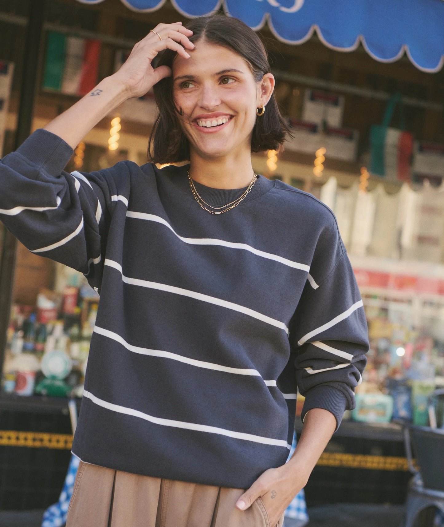 The Marine Layer Cloud 9 Fleece Oversized Crewneck is available at Harbour Thread boutique in the color Black/White Stripe.