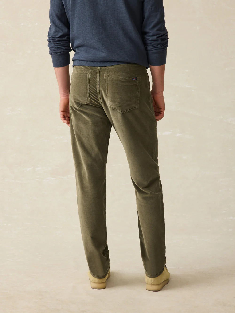 Back view of the Olive Surplus Stretch Terry Corduroy 5-Pocket Pant by Faherty