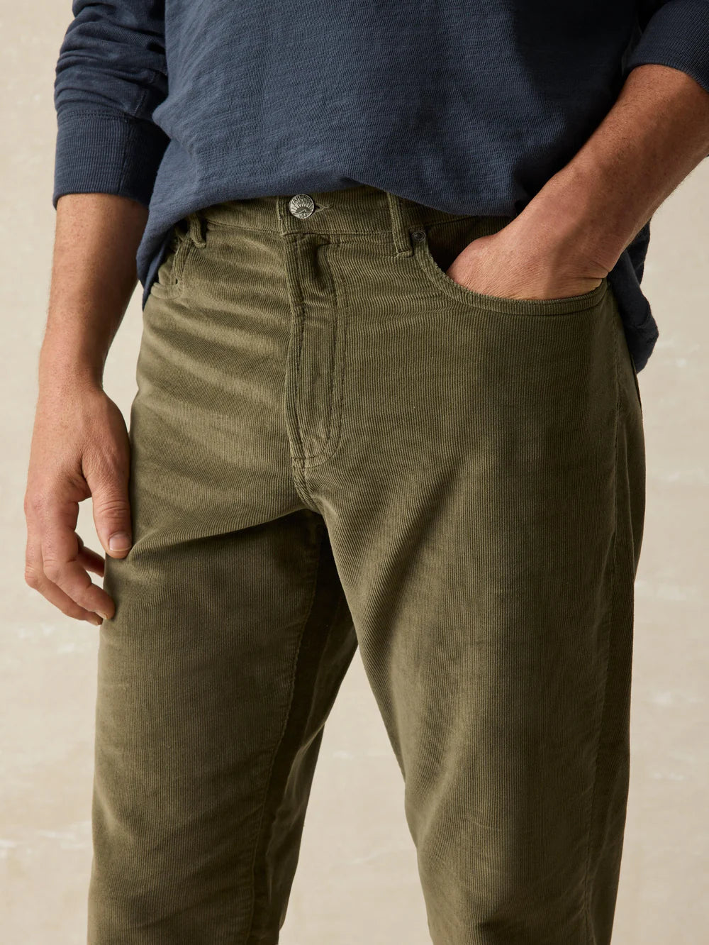 Front design detail on the Olive Surplus Stretch Terry Corduroy 5-Pocket Pant by Faherty