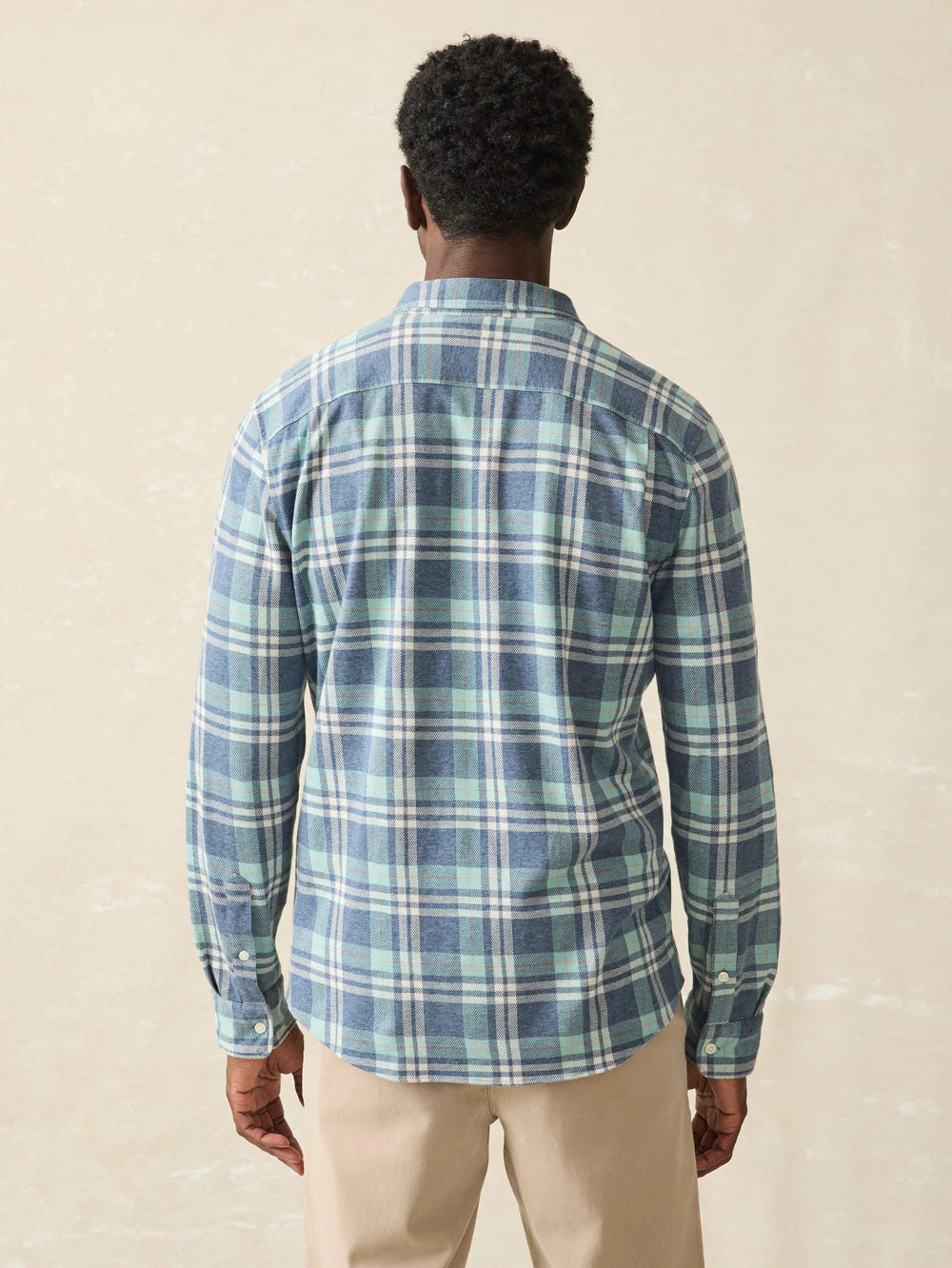 Back view of Faherty's Coastline Knit Shirt in the color Holbrook Island Plaid