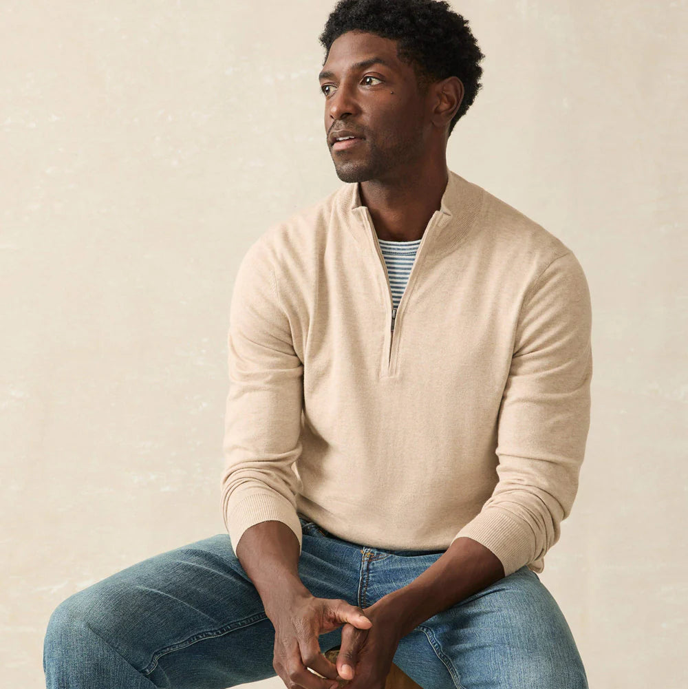 Faherty's Men's Movement Quarter Zip in the color Soft Dune Heather
