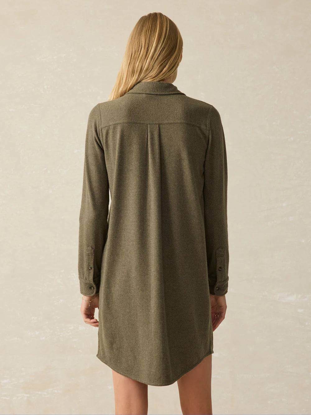 Back view of the Olive Melange Twill Legend Sweater Dress by Faherty