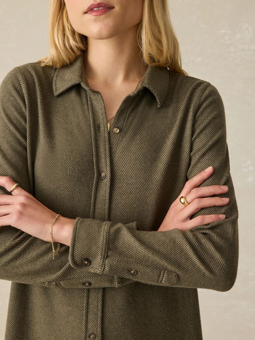 Front detail on the Olive Melange Twill Legend Sweater Dress by Faherty