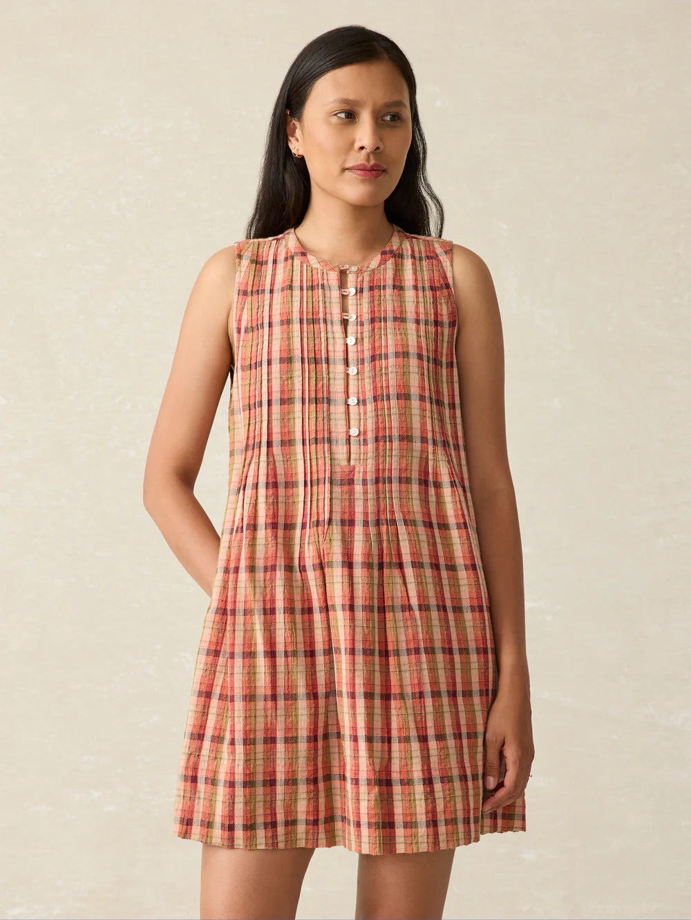 Front view of the Gingham Sleeveless Mini Dress by Faherty
