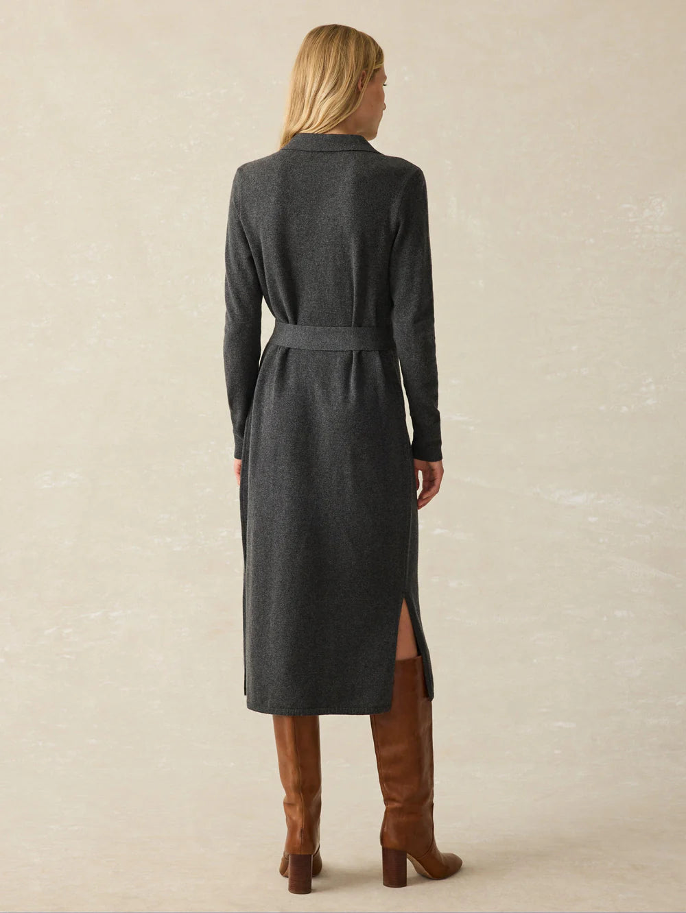 Back view of the Medium Grey Heather Jackson Sweater Dress by Faherty, which is cut in a midi length with long sleeves