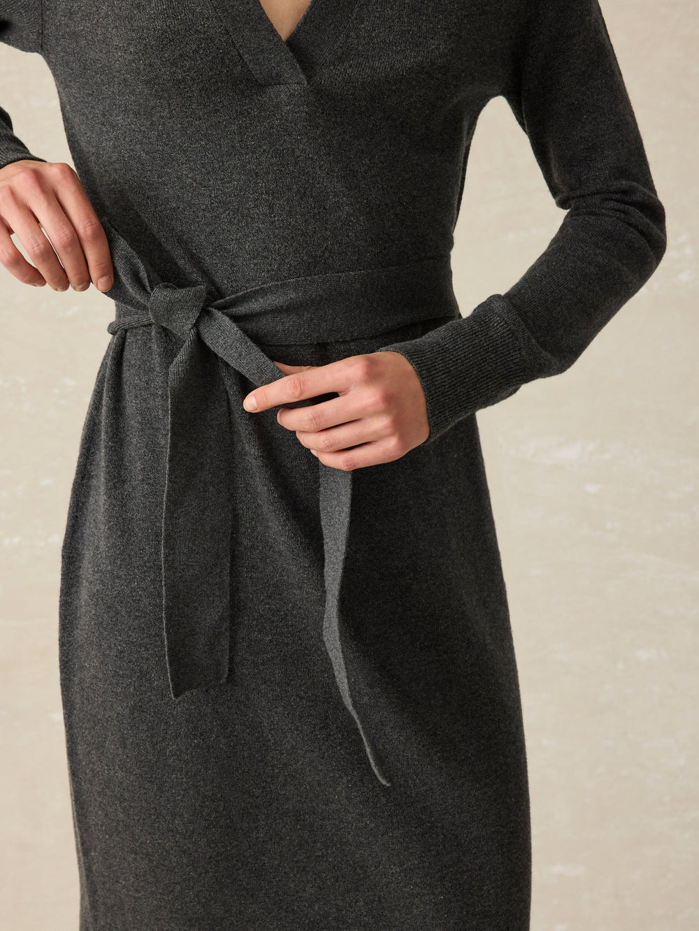 Self tie waist detail on the Medium Grey Heather Jackson Sweater Dress by Faherty