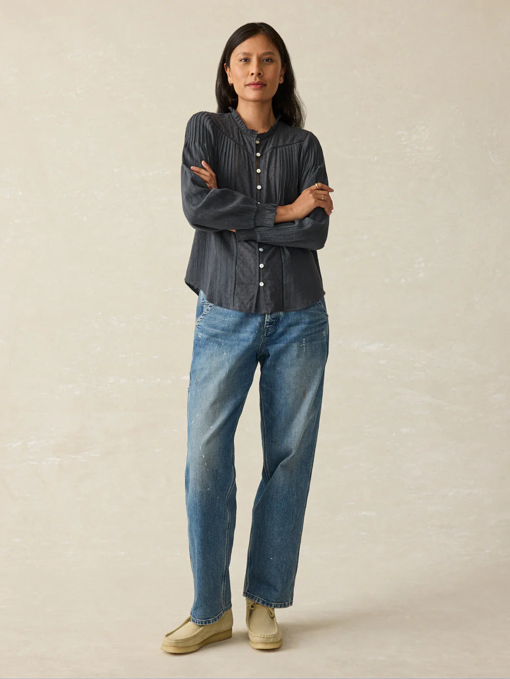 An outfit styled with the Washed Black Lily Top by Faherty