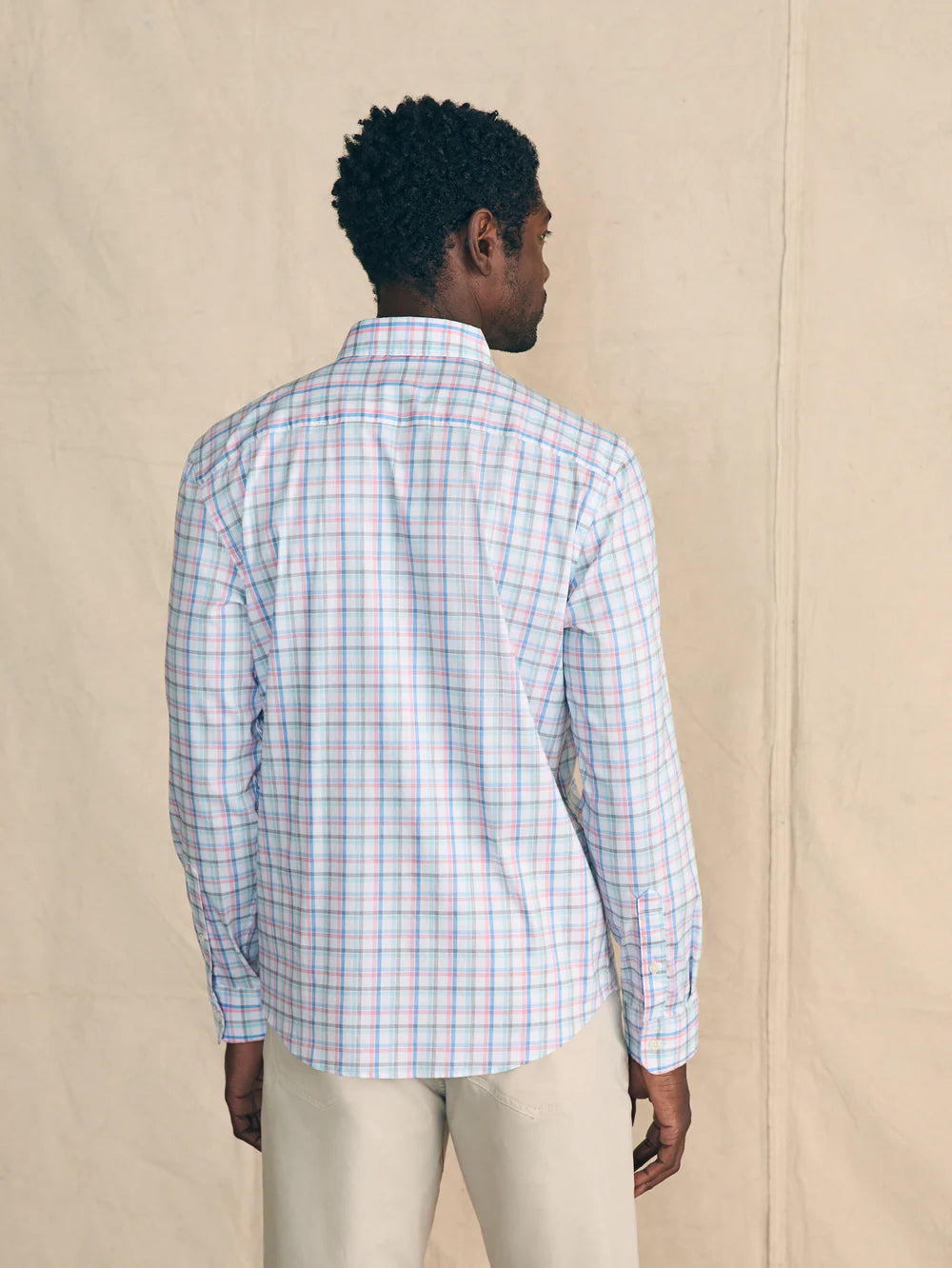 Back view of the Bliss Drive Plaid Movement Button Up Shirt by Faherty