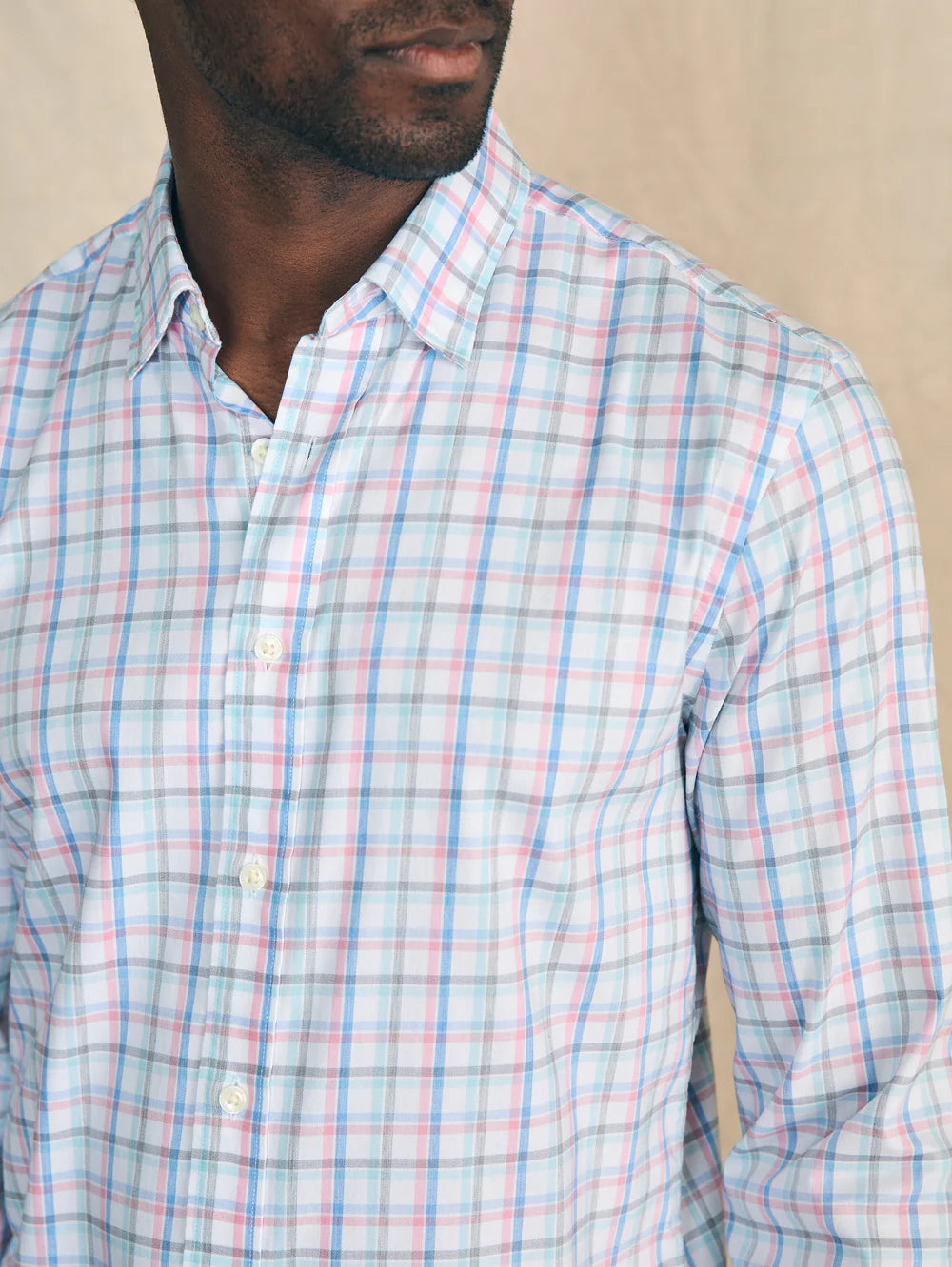 Front detail on the Bliss Drive Plaid Movement Button Up Shirt by Faherty