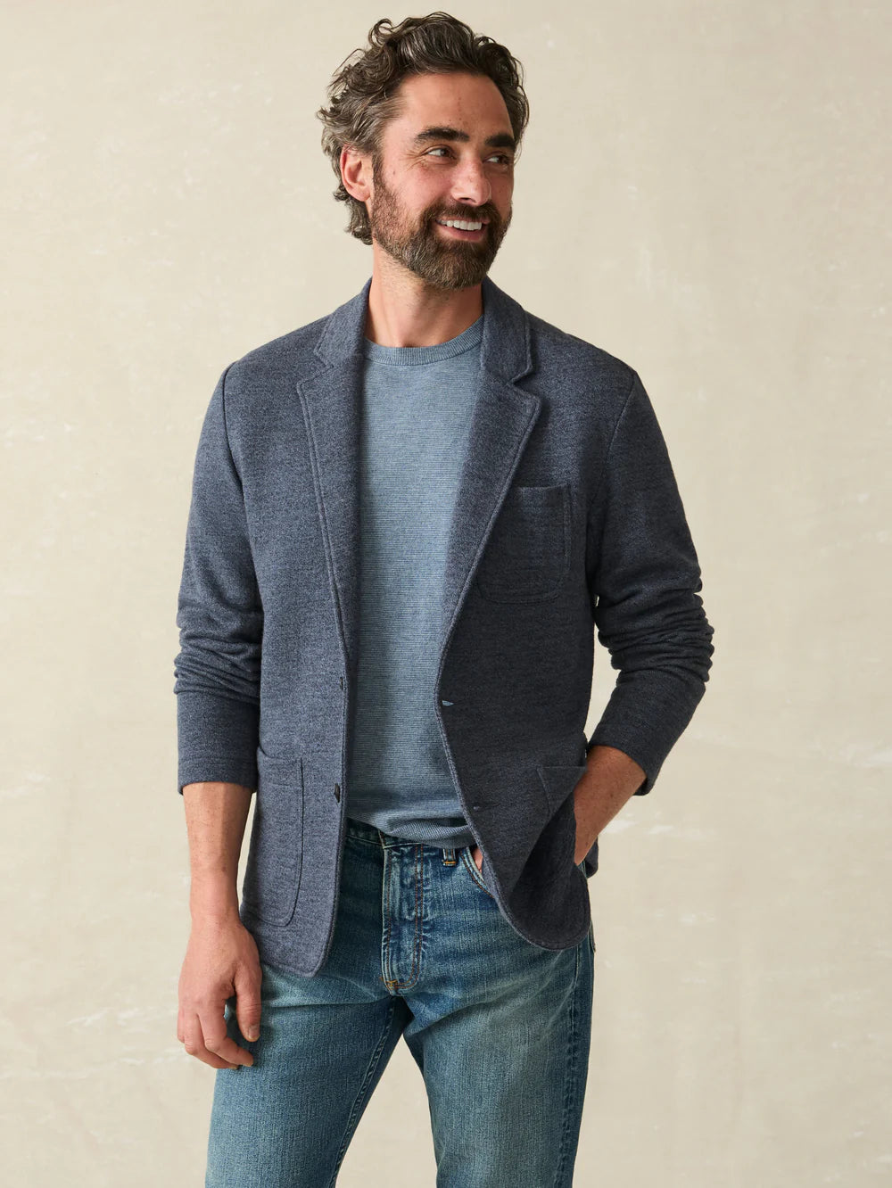 Front view of the Deep Navy Melange Inlet Knit Blazer by Faherty