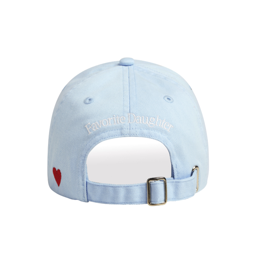Women's light blue baseball hat with red heart embroidery and white Favorite Daughter logo embroidery