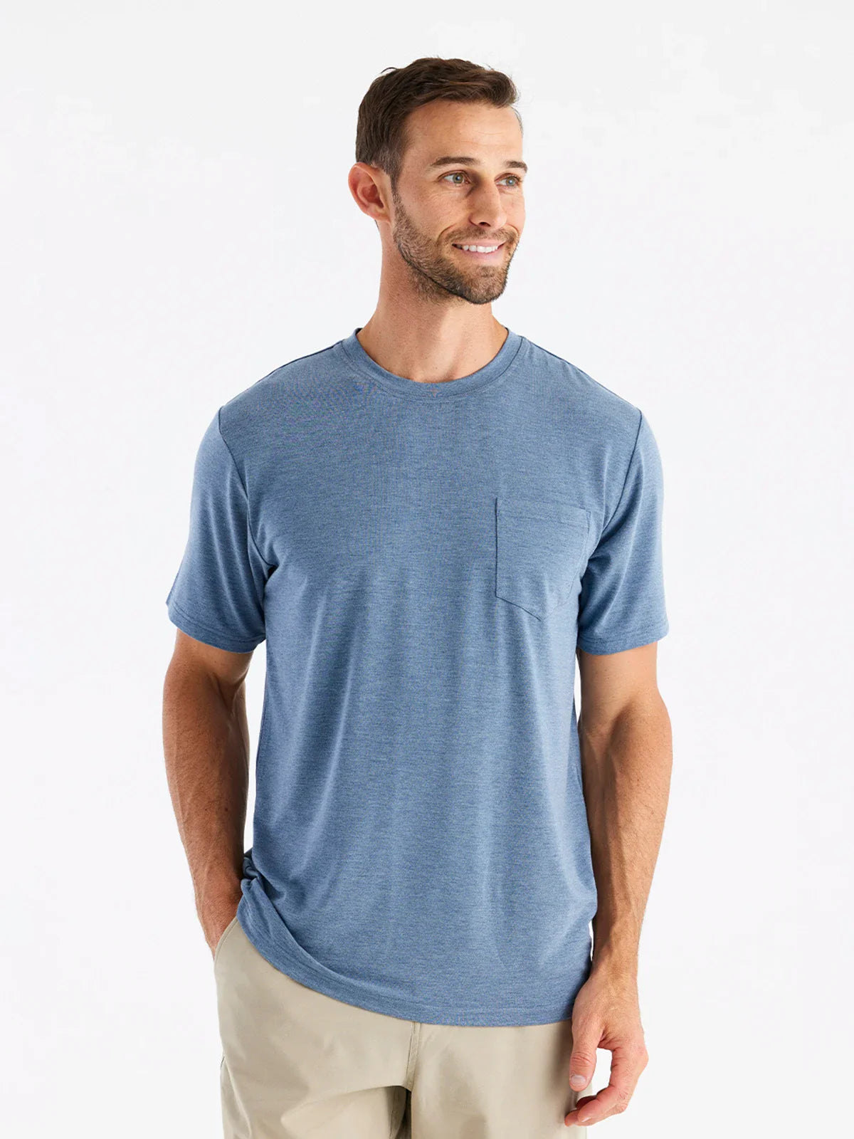 Shop the Heather Deepwater Free Fly Men's Bamboo Flex Pocket Tee at Harbour Thread men's store in St. Petersburg, FL.