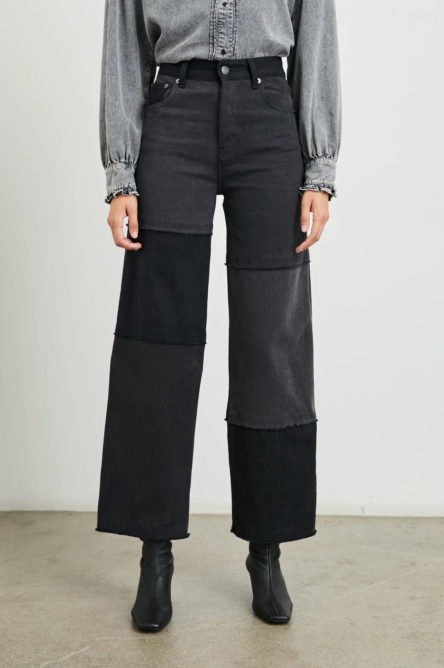 Women's cropped patchwork jeans from Rails offer a high waisted fit with a wide leg silhouette