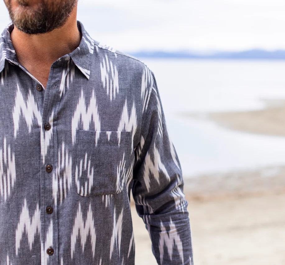 This grey and white long sleeve cotton ikat shirt by One World Brothers is now available at Harbour Thread