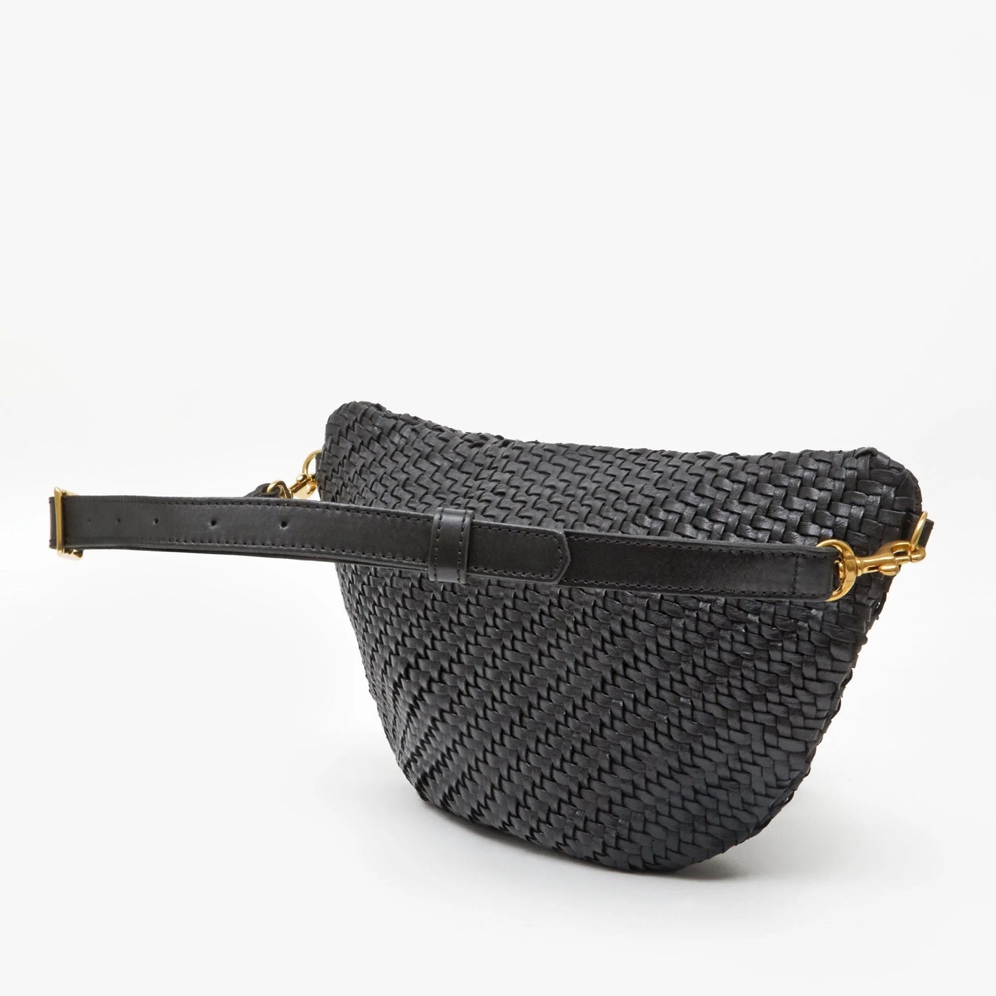 Black woven belt bag with a strap on a white background
