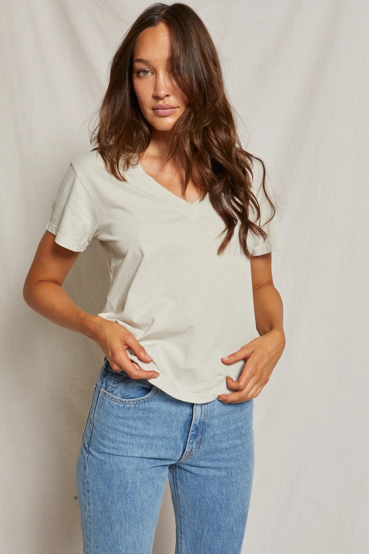 Perfect White Tee's Hendrix Boxy V Neck Tee in the color Chalk