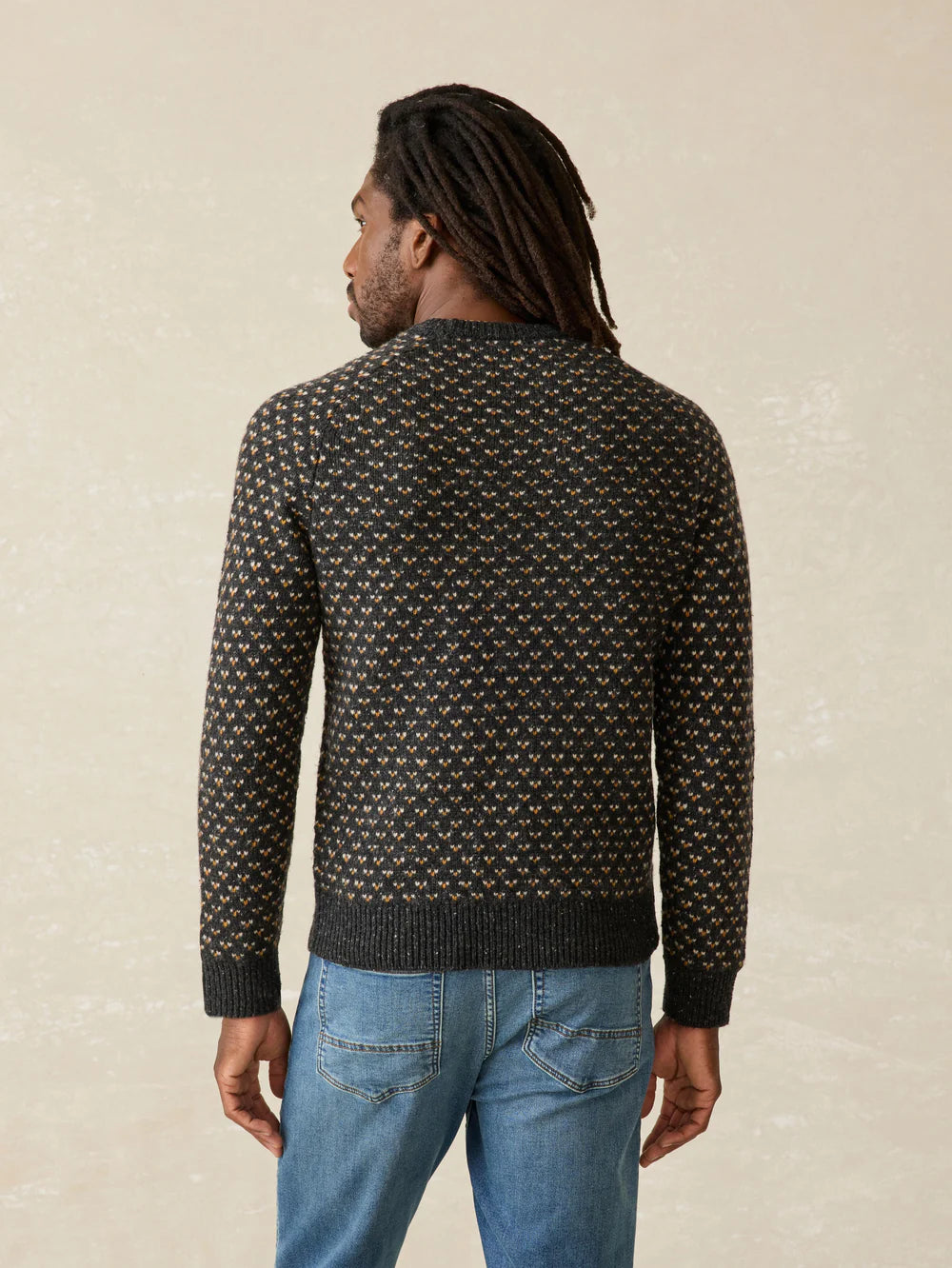 Back view of Faherty's Donegal Crew Sweater in the color Charcoal Birdseye Marl