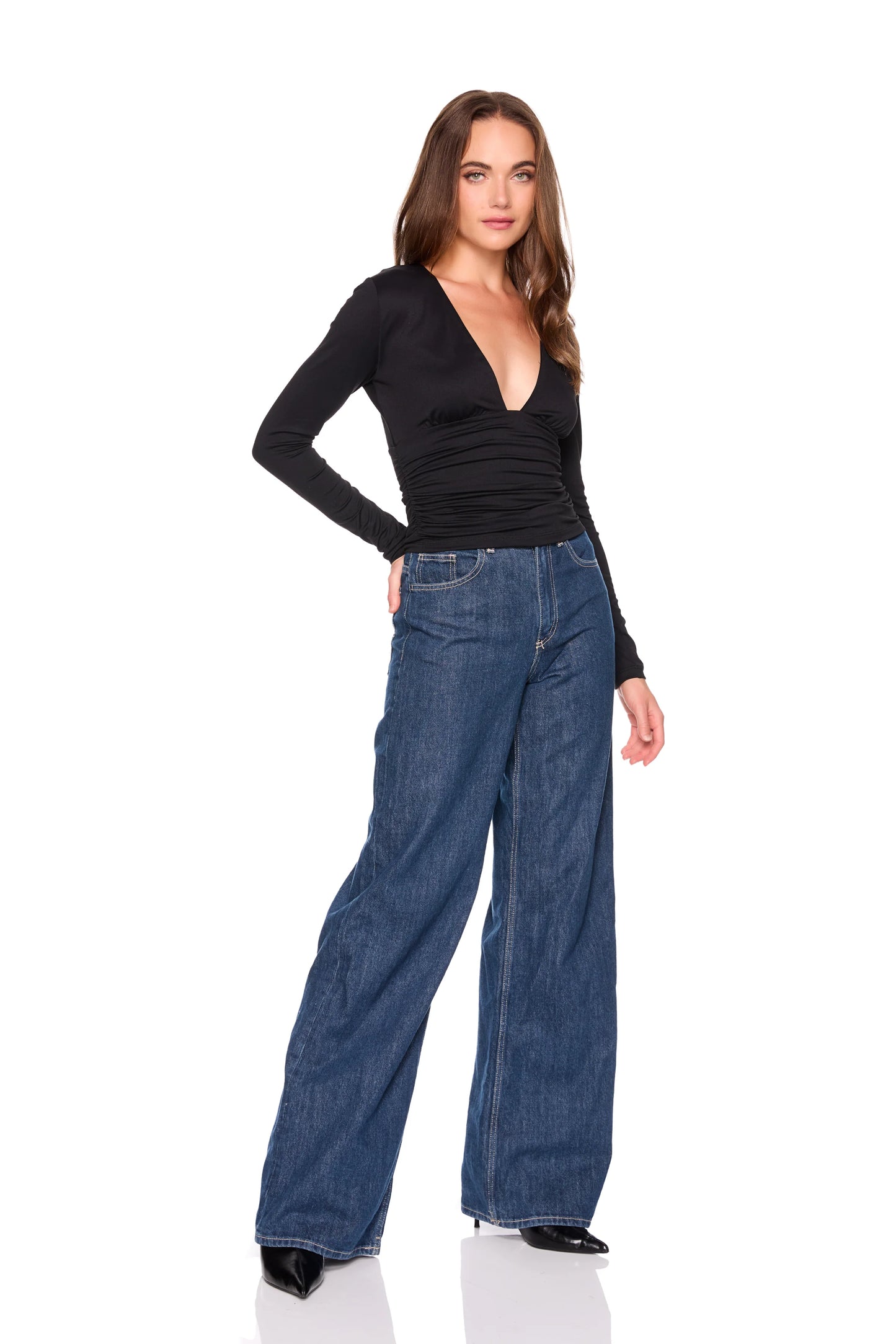 Susana Monaco V-Neck Gathered Long Sleeve Top