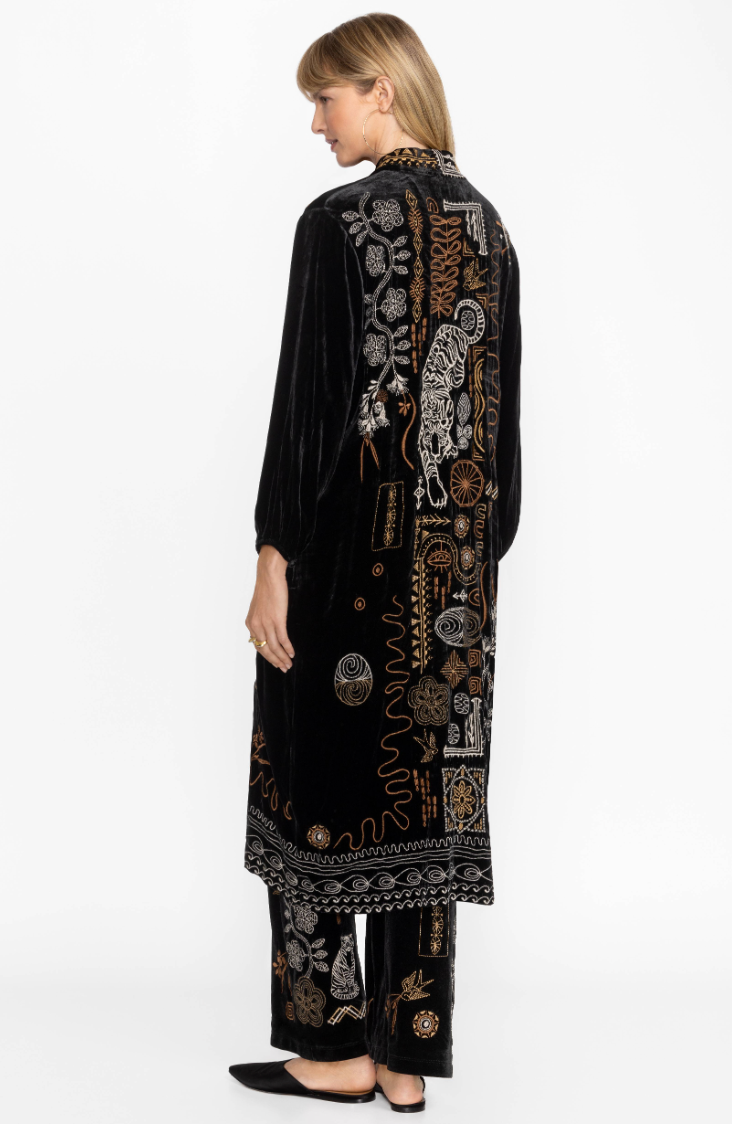 Back embroidery detail on the Velvet Bishop Sleeve Kimono Coat by Johnny Was