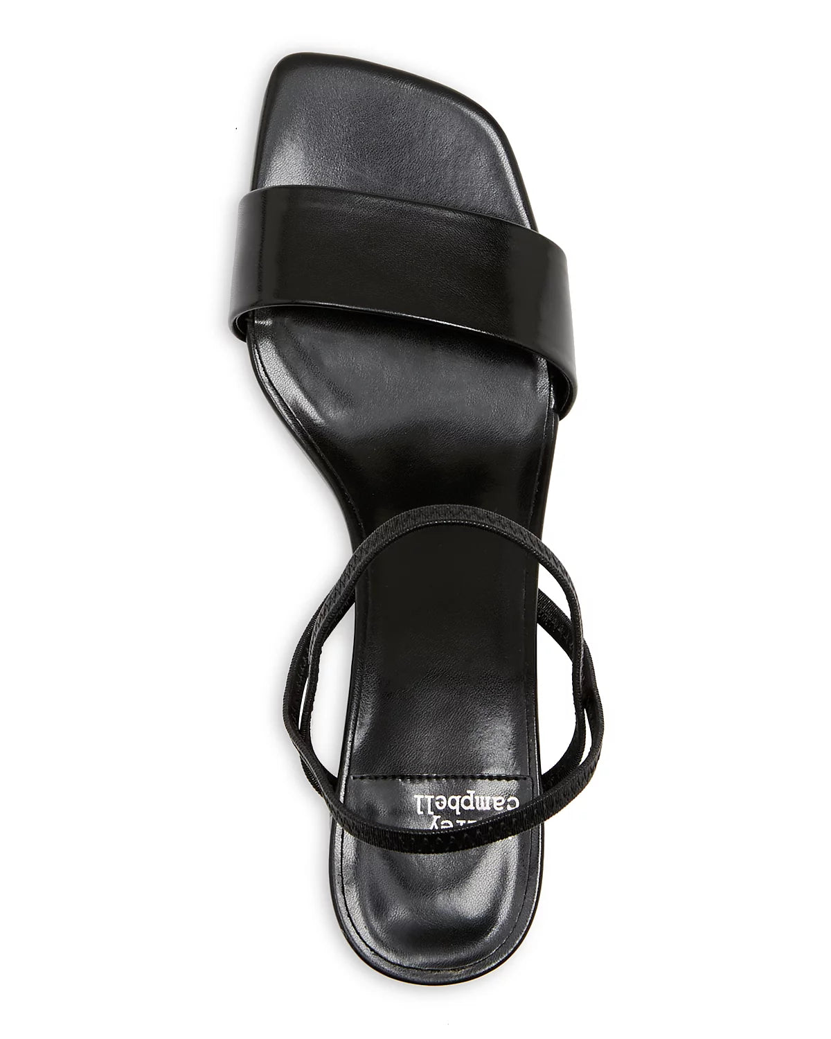 Women's black heeled sandal with a thick single band across the toes and ankle straps