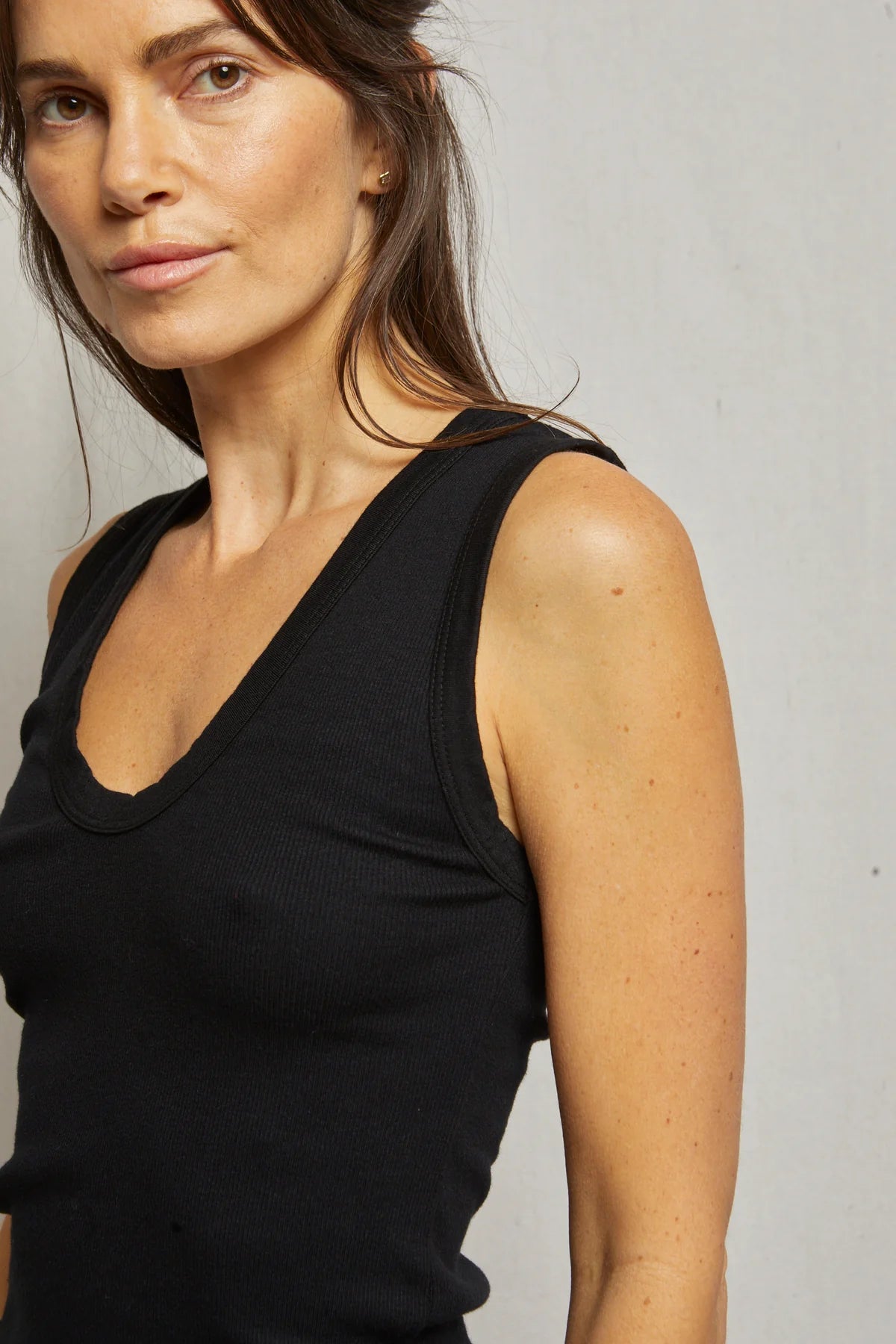 Front detail on Perfect White Tee's Jordan Ribbed U Neck Tank in the color True Black